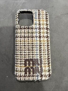 Miu Miu Brown Multi Tweed Phone Case with Embroidered Logo